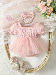 Elegant Floral Embroidered Puff Sleeve Tutu Dress,