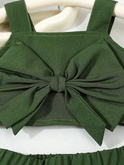 Red Shorts Bubble-Fold Design Large Bow Top & Ruffled Shorts Set