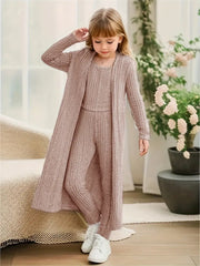 3pcs Girls Long Sleeve Shawl Knit Cardigan + Top + Leggings