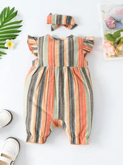 Casual Striped Ruffled Romper With Bow Decoration & Bow Headband Set