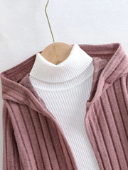 Solid Color Rib-knit Open Front Hooded