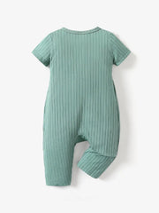 Rabbit Print/Solid Ribbed V Neck Short-sleeve Jumpsuit