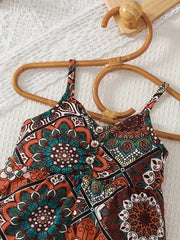 Summer Hip-Hop Ethnic Print Front and Middle Pleated Button Leggings