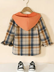 Boy's Hooded Plaid Long Sleeve Button Up Shirt With Pockets