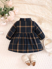 Long Sleeve Waisted Plaid Print Causal & Cute Dress