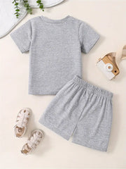 2pcs/set Casual Crew Neck Short Sleeve T-shirt And Flex Short Pants