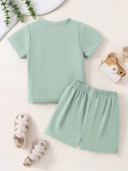 2pcs/set Casual Crew Neck Short Sleeve T-shirt And Flex Short Pants