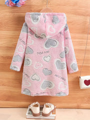 Love Heart Print Fleece Long Sleeve Hooded Dress