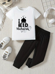 2pcs Casual Summer Outfit, Eid Mubarak Geometric-Patterned Polyester T-Shirt and Jogger Pants Set