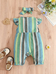 Casual Striped Ruffled Romper With Bow Decoration & Bow Headband Set