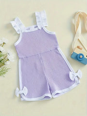 Sleeveless Ruffle Detail White Bow Accents Cute Summer Cotton Romper