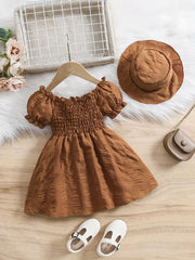 Bubble Sleeve Plain Color Dress with Cute Hat Two-piece Set