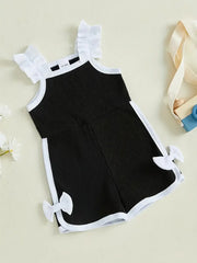 Sleeveless Ruffle Detail White Bow Accents Cute Summer Cotton Romper