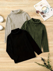 3pcs/set Long Sleeve Solid Colored Turtle Neck Rib-knit Pullovers