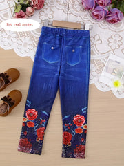 Flower Graphic Imitation Denim Print Leggings Pants