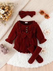 3pcs  Ruffled Lace Bow Onesie & Headband & Socks