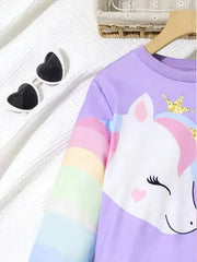 Long Sleeve Crew Neck Unicorn Print Dress