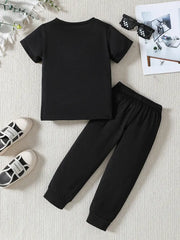 2pcs Casual Summer Outfit, Eid Mubarak Geometric-Patterned Polyester T-Shirt and Jogger Pants Set