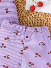 2pcs Set Summer Casual Cartoon Pattern Knit Fabric Short Sleeve T-Shirt and Shorts