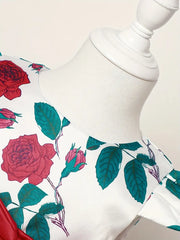 Slim-Fit Bodice & Flared Rose Floral Print Dress with Red Ribbon Belt Skirt