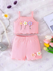 Floral Print Ribbed Knit Camisole Top and Shorts Set