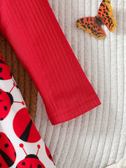 Ladybug Print Long Sleeve Dress with Pleated Hem