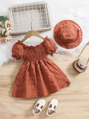 Bubble Sleeve Plain Color Dress with Cute Hat Two-piece Set