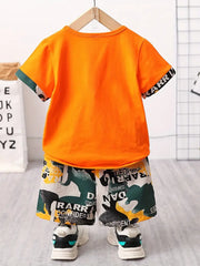 Letter & Motorcycle Print Casual Outfit Round Neck T-shirt & Shorts & Crossbody Bag