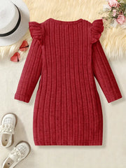 Solid Color Ruffled Sleeve Long Sleeve Dress with Bow Detail