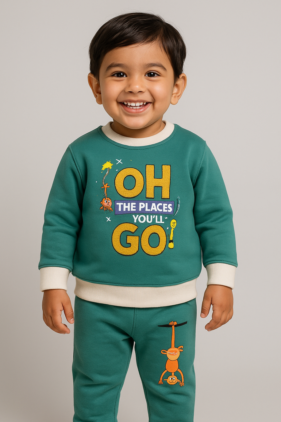 Featherhead Cozy Kids Green Sweatshirt & Navy Pants Set Winter Outfit