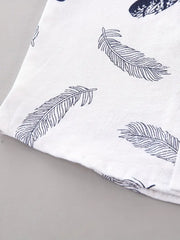 2pcs Set Feather Pattern Short Sleeve Shirt & Shorts