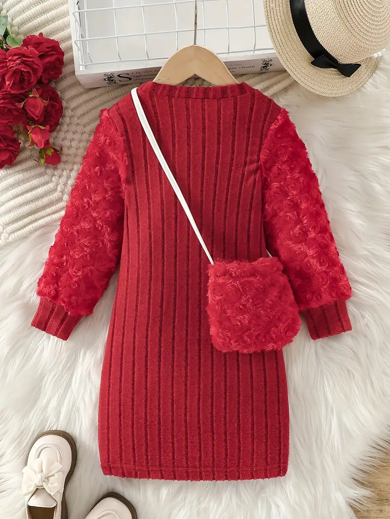 Fuzzy Round Neck Velvet-Textured Ribbed Long Sleeve Dress