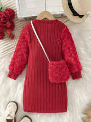 Fuzzy Round Neck Velvet-Textured Ribbed Long Sleeve Dress