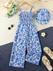 Floral Print Sleeveless Jumpsuit with Matching Beach Hat