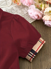 Short Sleeve Casual Red Plaid Shirt Dress with Contrast Binding