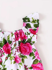 Cute Flying Sleeves and Rose Print Newborn Romper with Headwear Set