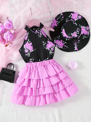 Floral Galter Top & Layered Hem Skirt & Hat