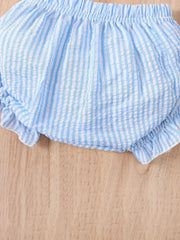 2pcs Charming Striped Bubble Cami Top with Bow & Ruffled Shorts Summer Outfit Set
