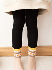 Fleece Warm Stretch Soft Leggings Stripes Heart Print Tights