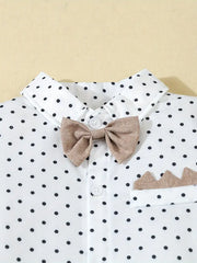 Three-Piece Bow Polka Dot Short Sleeve Shirt + Gray Shorts with Straps + Hat