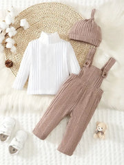 3pcs Forest Style Solid Color Long Sleeve Top + Ribbed Overalls + Hat Set