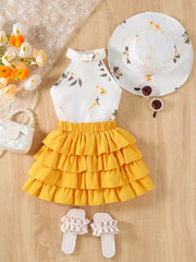 Floral Galter Top & Layered Hem Skirt & Hat