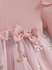 Round Neck Long Sleeve Cute Mesh Knee-Length Fashionable Dress + Bow Headband Two-Piece Set