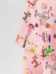 Short Sleeve Outfit for Outdoor Pink Graffiti Print Casual T-Shirt and Shorts Set