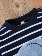 2pcs Striped Elephant Pattern Long Sleeve Top & Denim Trousers Set
