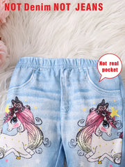 Casual Bows & Unicorn Pattern Imitation Denim Pants