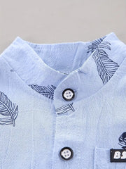 2pcs Set Feather Pattern Short Sleeve Shirt & Shorts