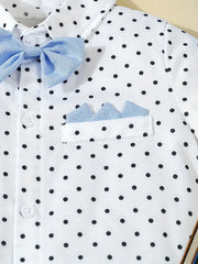 Three-Piece Bow Polka Dot Short Sleeve Shirt + Gray Shorts with Straps + Hat