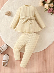 2pcs Long Sleeve Pit Strip Belt Bow Casual & Cute Sweatshirt Top + Pants