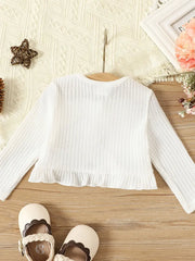 Solid Rib Knit Ruffle Trim Round Neck Long-sleeve Cardigan/Crop Top